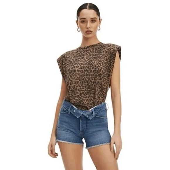 Good American Tops - Good American Leopard Print Crew Neck Strong Extended Shoulder Tank Size 3 (Lg)